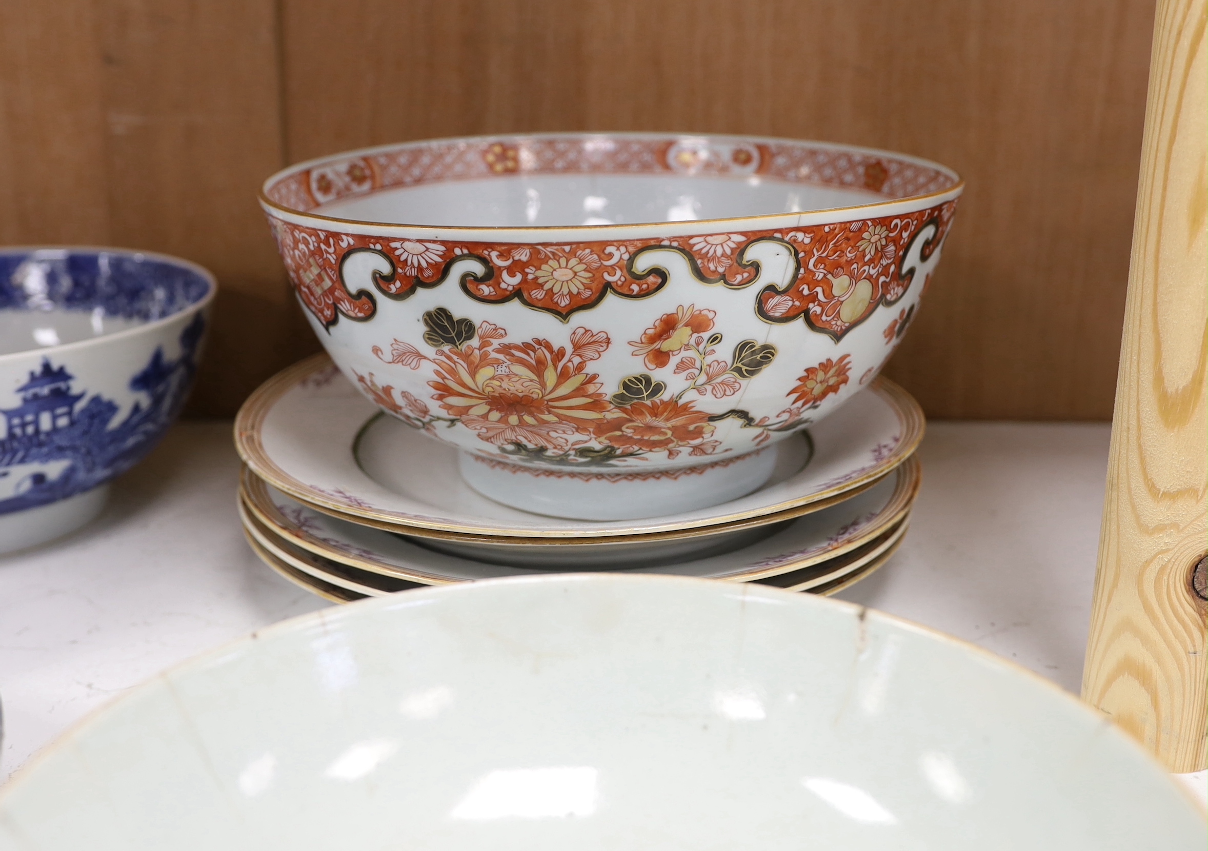 A Chinese jar, double gourd vase and pedestal dish, tallest 16cm, together with an 18th century Chinese export blue and white dish and two others, largest 26cm, an 18th/19th century Chinese bowl and five plates, bowl 10c